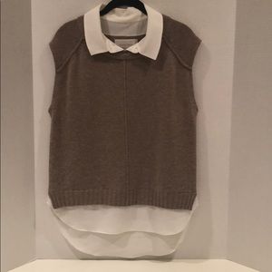 Brochu Walker sleeveless tan wool sweater w trim